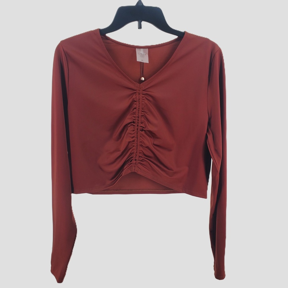 CALIA Womens XL Ruched Rash Guard Swim Top Red Brown‎ Shine Long Sleeve UPF 50